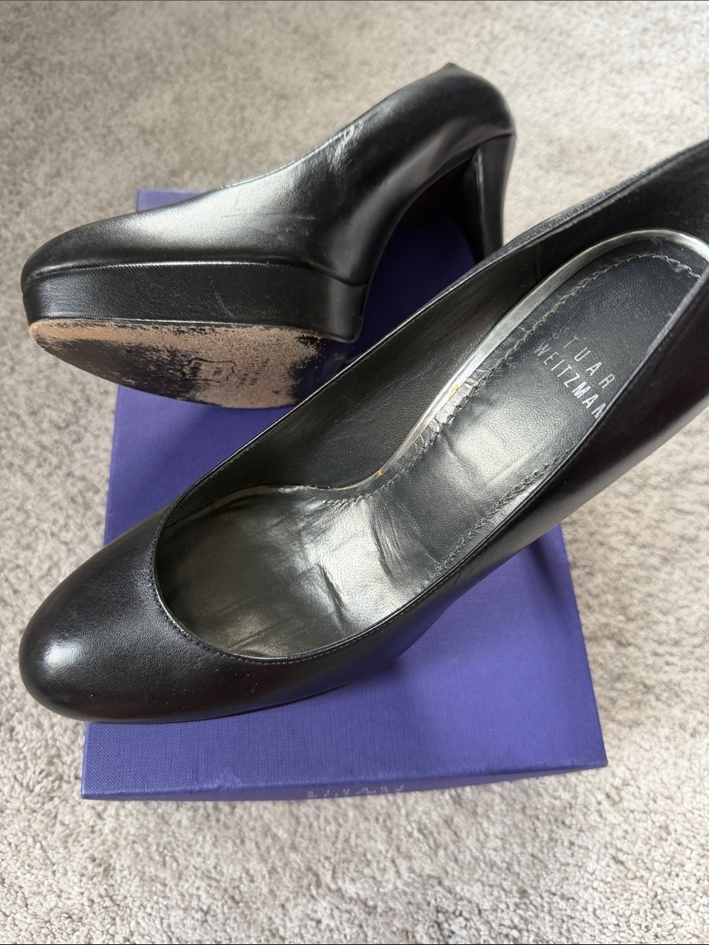 Stuart Weitzman Black Leather Platform Round-Toe Pumps